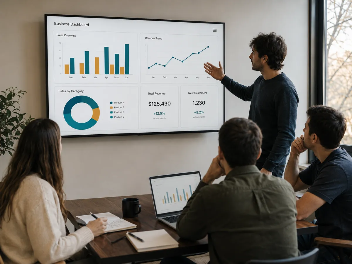 Capacitación en una sala de reuniones: un instructor explica un dashboard de Power BI proyectado en pantalla a tres participantes.