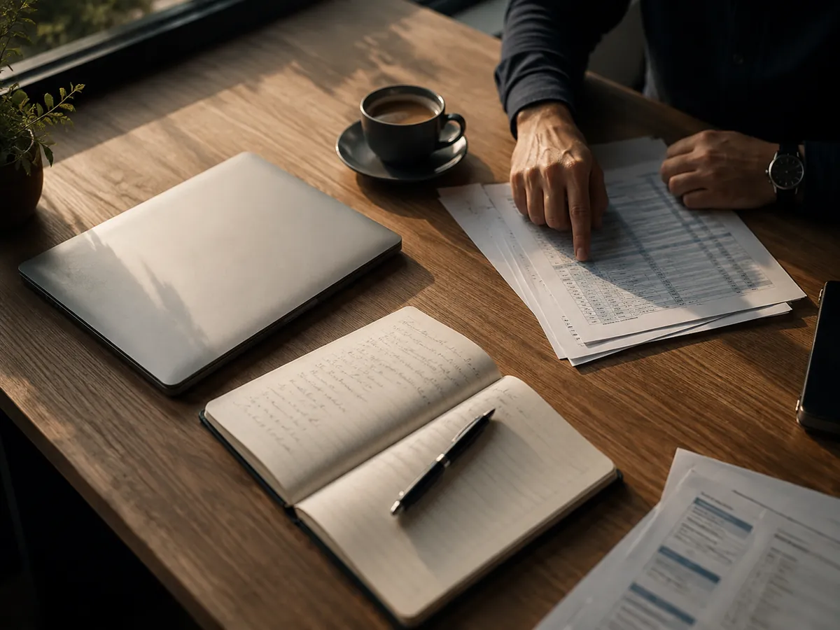 Escritorio con planillas impresas, una libreta con anotaciones y una notebook durante el análisis de datos de un negocio.